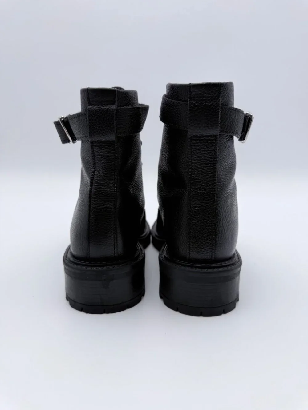 asos Womens Astrid Chunky Black Leather Lace-Up Combat Boots  Buckle Strap Sz 9